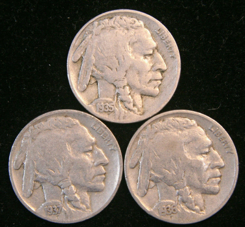 Lot of 3 Buffalo / Indian Head Nickel Coins with Full Dates, US Coins!-1