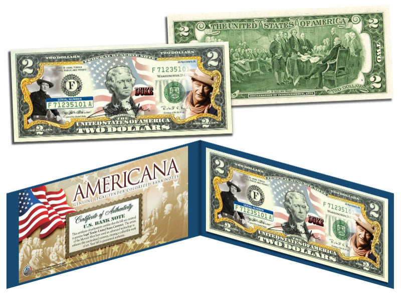 JOHN WAYNE - Americana - Genuine Legal Tender US $2 Bill Officially Licensed-1
