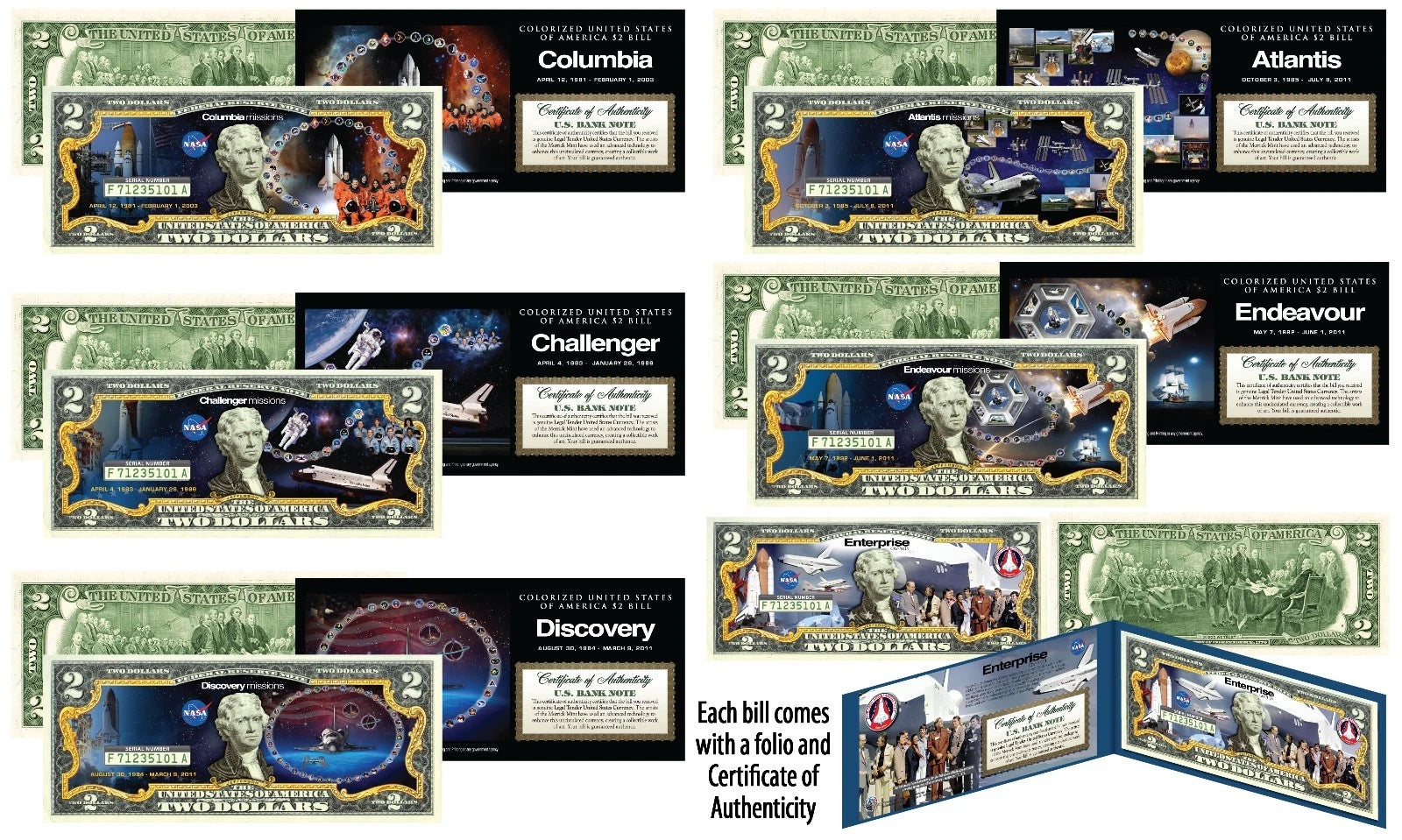 Space Shuttle Missions NASA Official Legal Tender U.S. $2 Bills - SET OF ALL 6