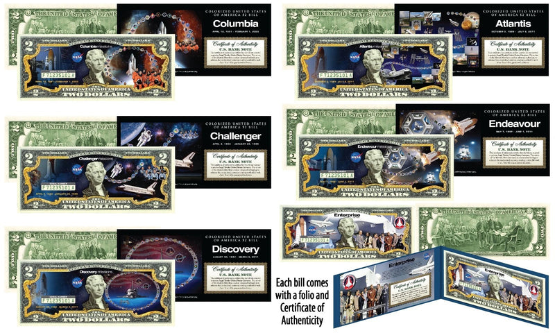 Space Shuttle Missions NASA Official Legal Tender U.S. $2 Bills - SET OF ALL 6-1