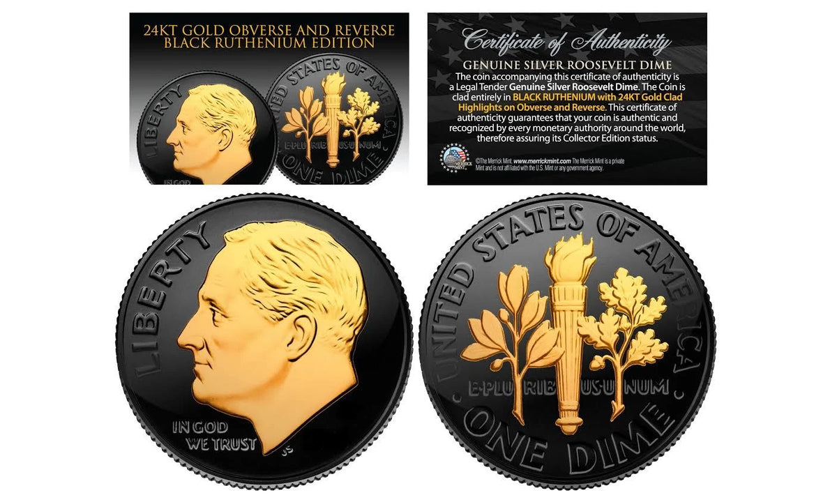 1946–1949 Random Date Roosevelt Dime, Genuine 90% Silver U.S. Coin with Black Ruthenium Finish and Two-Sided 24K Gold-Plated Accents