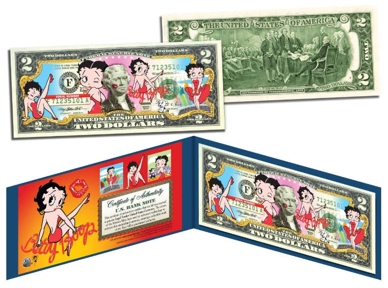 BETTY BOOP Billete genuino de curso legal de 2 dólares estadounidenses *CON LICENCIA OFICIAL* con soporte-1