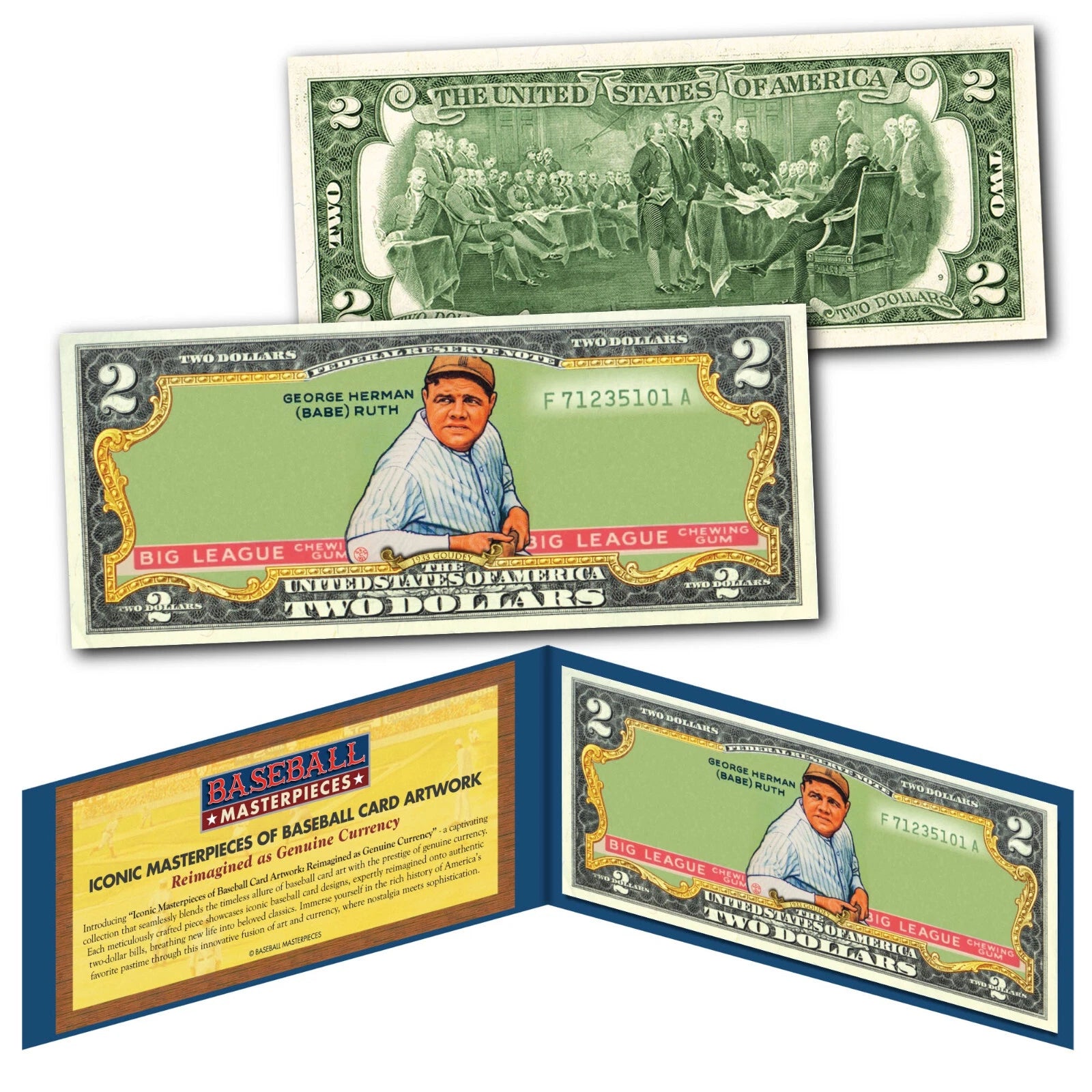 BABE RUTH 1933 Goudey #181 (Green) Yankees iconic Card Art on Genuine $2 US Bill-1