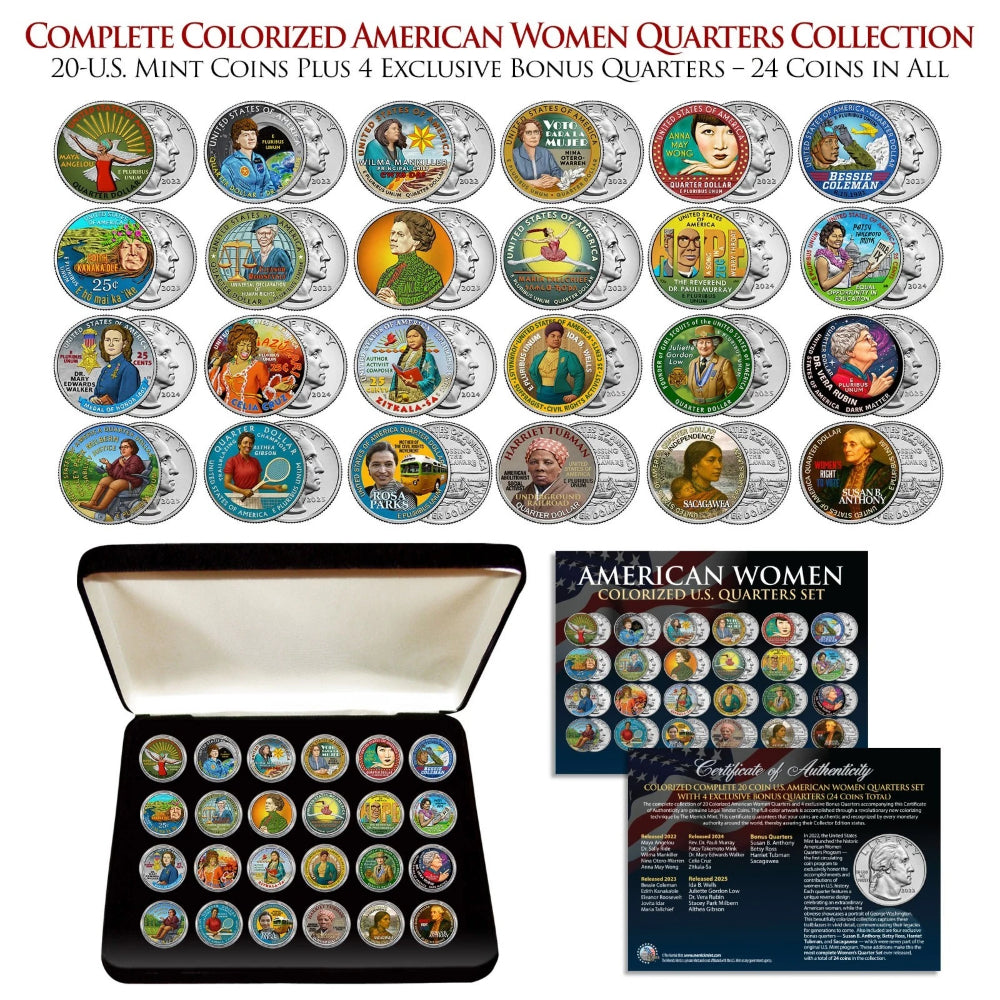 American Women Quarters Colorized 20-Coin Set + 4 Exclusive Bonus Coins with BOX