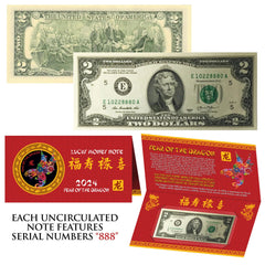 2024 CNY Chinese YEAR of the DRAGON Lucky Money US $2 Bill Red Folder - S/N 888-1