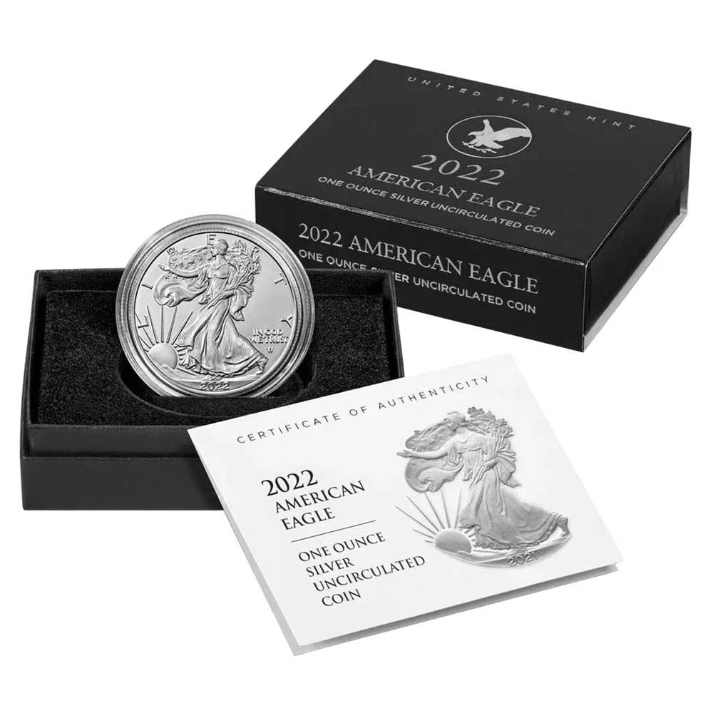 Moneda de plata americana bruñida de 1 oz por $1 2022-W con caja, OGP y certificado de autenticidad
