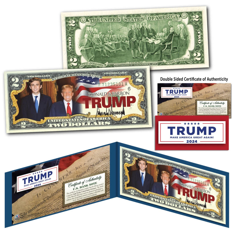 DONALD TRUMP & BARRON TRUMP Official Genuine Legal Tender U.S. $2 Bill