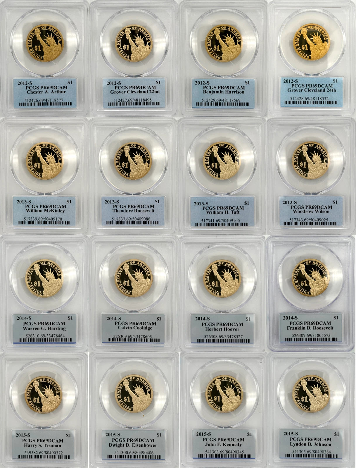 2012, 2013, 2014, 2015 S 16 Coin Presidential $1 PCGS 69 Proof Dollar Set-1