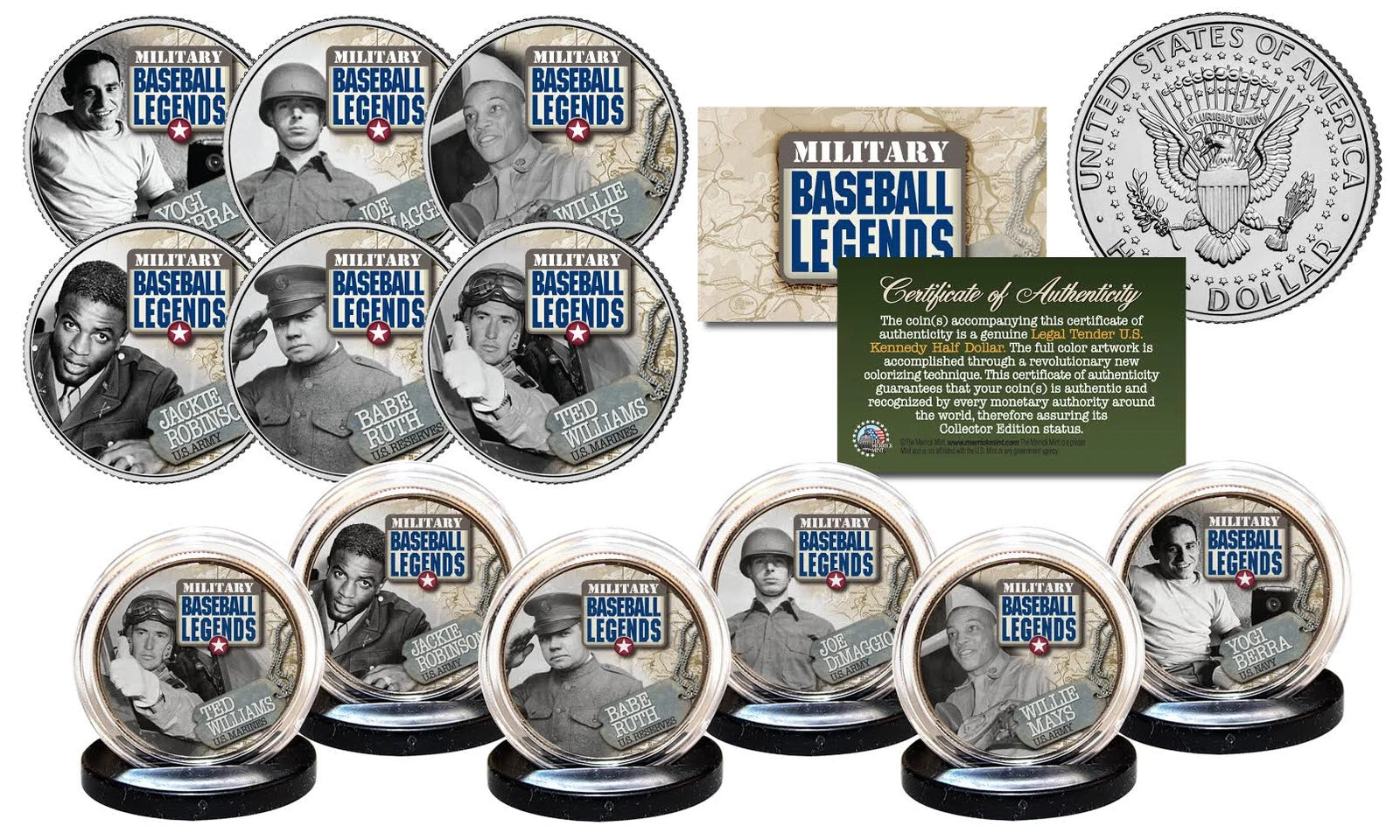 MILITARY BASEBALL LEGENDS JFK Half Dollar U.S. 6-Coin Set w/COA * COMPLETE SET *