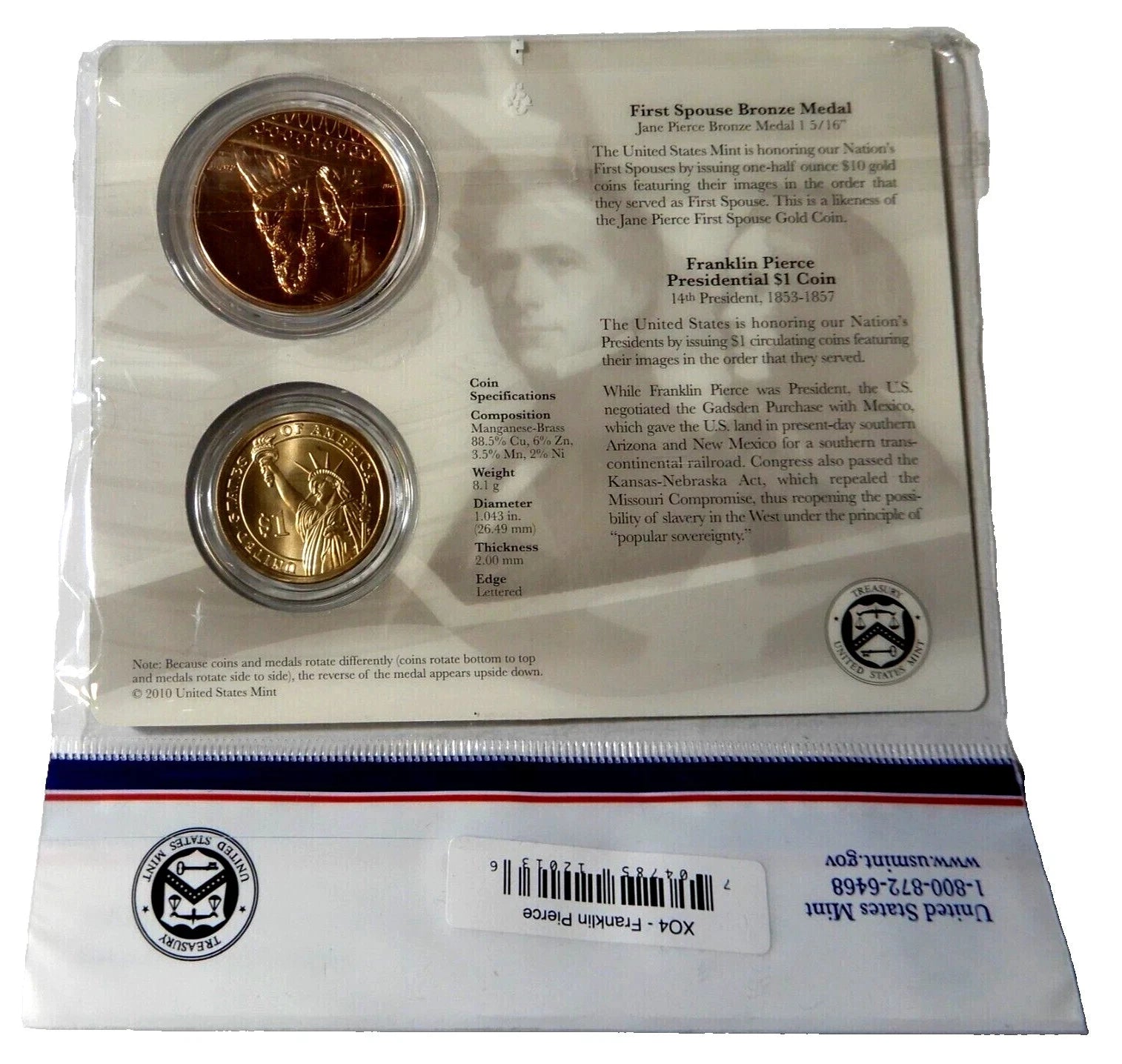 2010 Franklin Pierce US Mint Presidential $1 Coin & First Spouse Medal Set ~ NEW-1