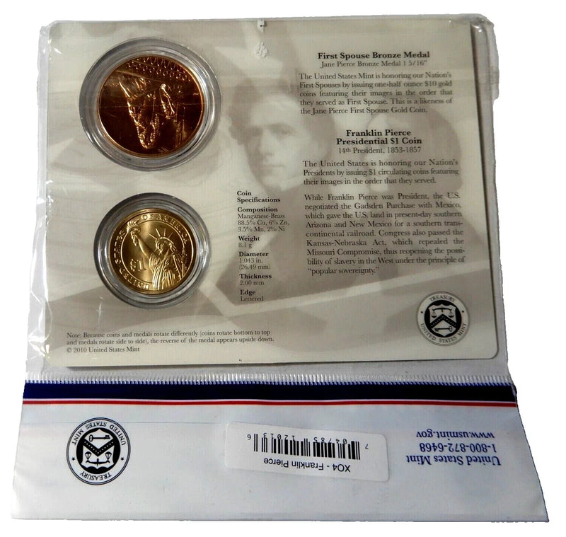 2010 Franklin Pierce US Mint Presidential $1 Coin & First Spouse Medal Set ~ NEW-1