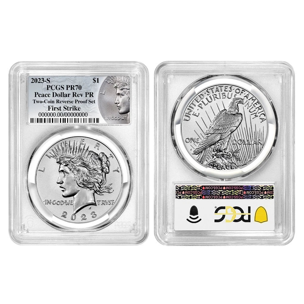 Juego de 2 monedas Morgan y Peace Dollar de $1 con reverso a prueba 2023-S PCGS PR70 FS Morgan