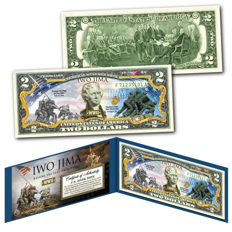 IWO JIMA Raising the Flag WWII * Then & Now * Genuine Legal Tender U.S. $2 Bill