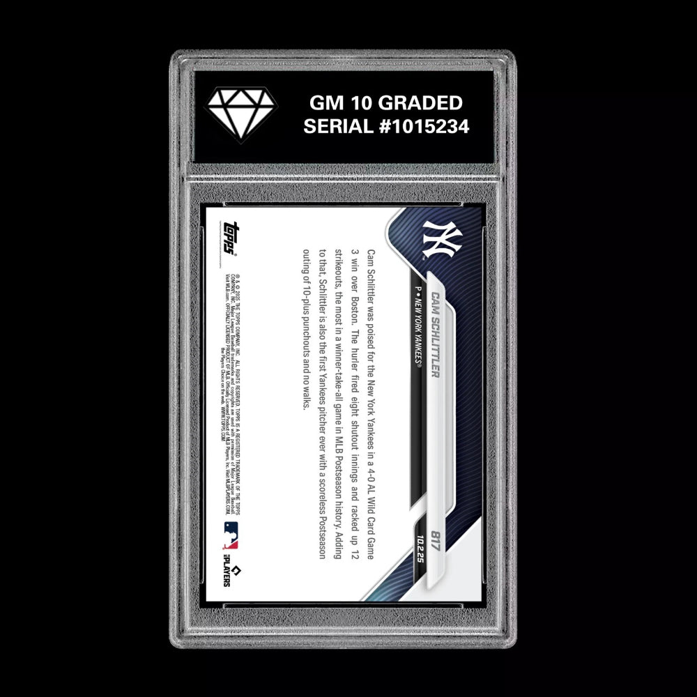 Graded 10 Cam Schlittler #817 2025 MLB Topps Now 12-K Post RC Rookie Card