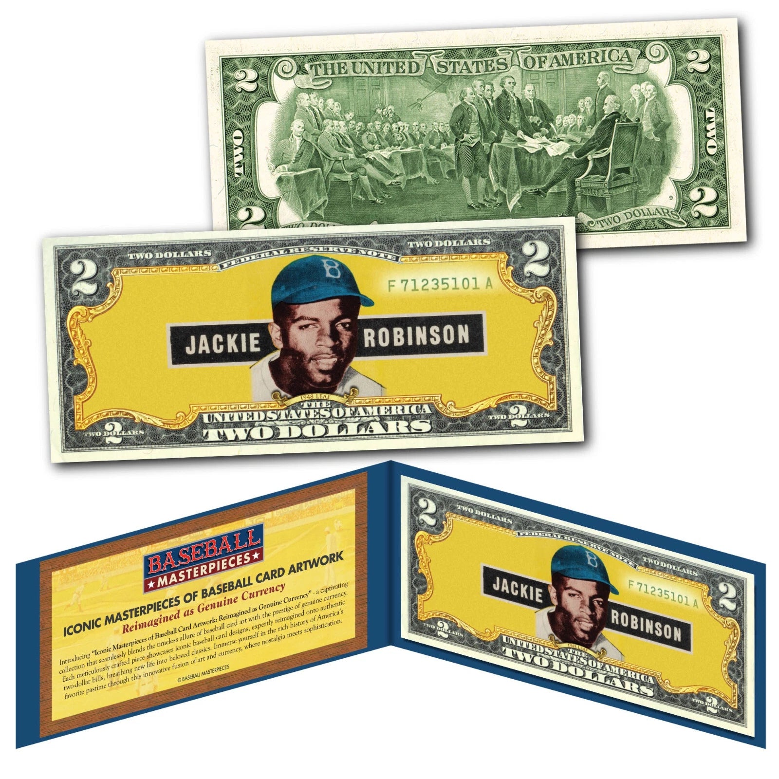 JACKIE ROBINSON 1948 Leaf #79 Brooklyn Dodgers iconic Card Art Genuine $2 Bill