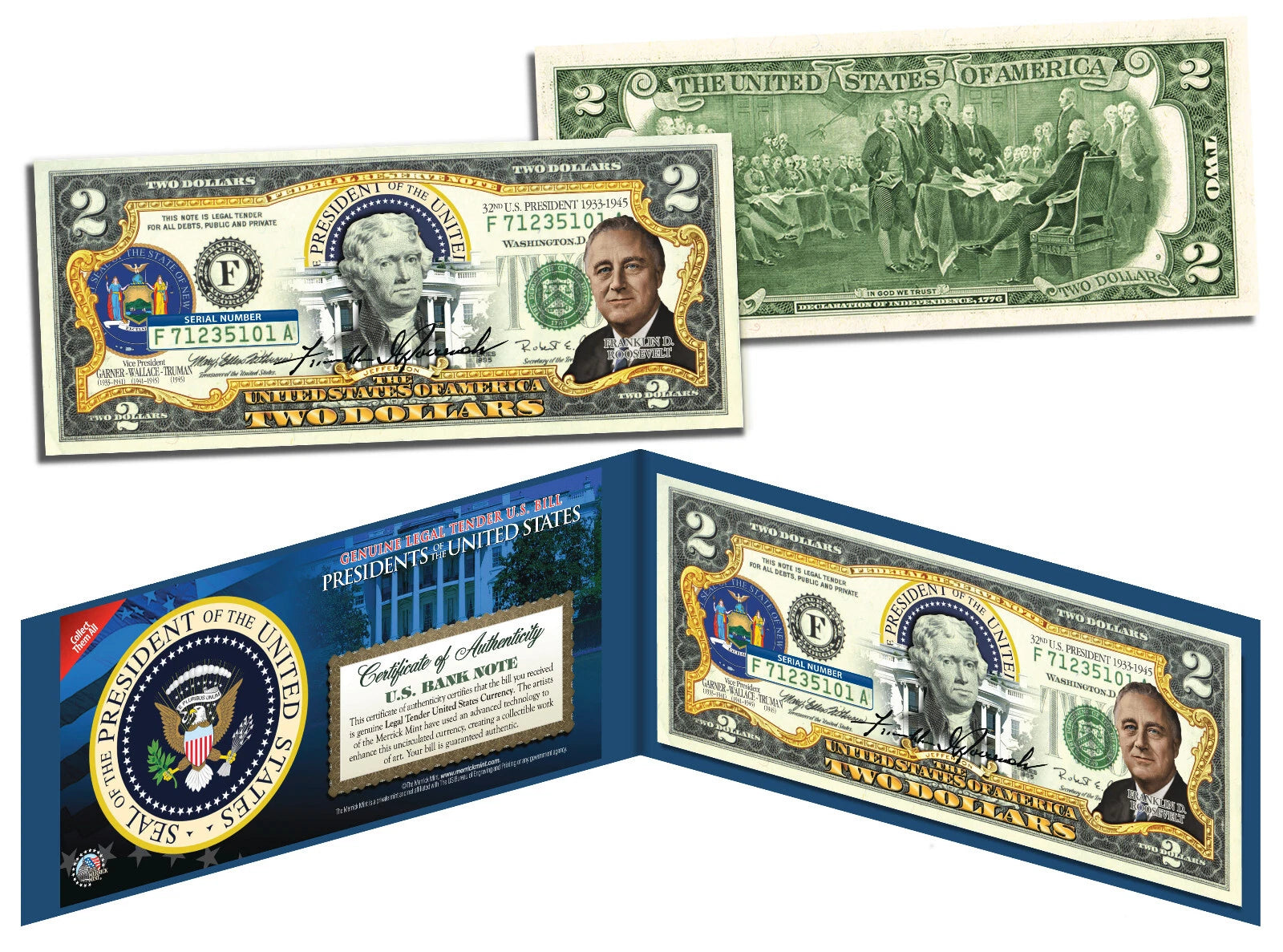 FRANKLIN D ROOSEVELT * President 1933-1945 * Colorized $2 Bill US Legal Tender
