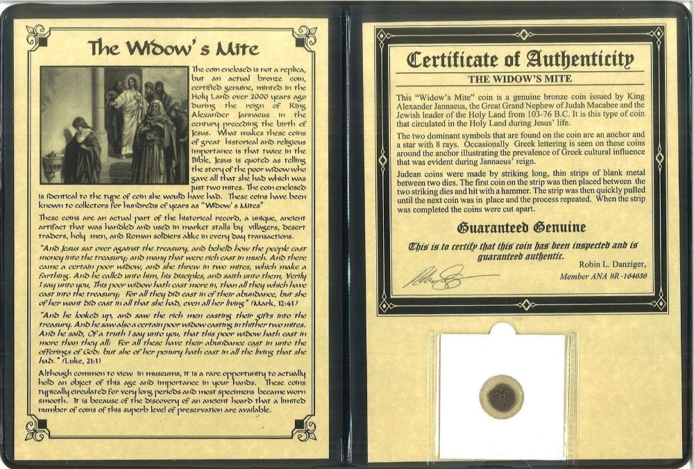 Moneda antigua de la viuda con certificación de autenticidad y portafolios de lujo-1