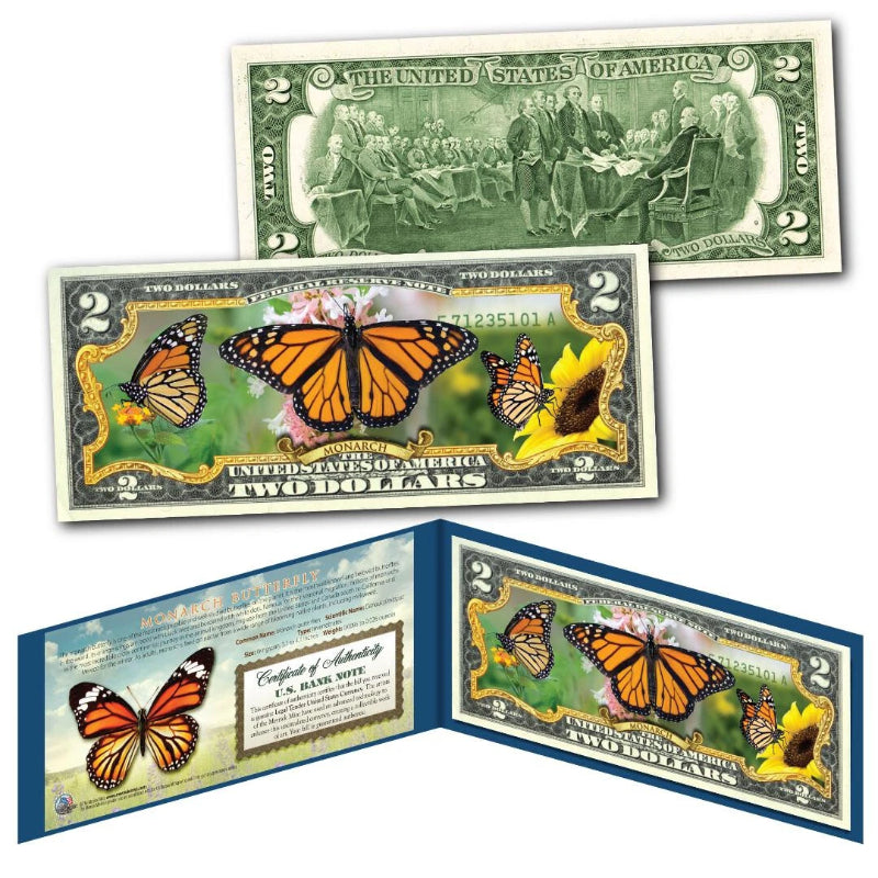 MONARCH BUTTERFLY Genuine Legal Tender Colorized U.S $2 Bill with Display & Cert-1