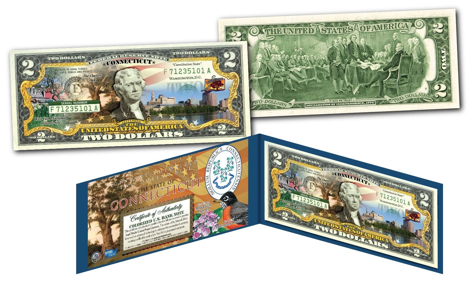 CONNECTICUT - OFFICIAL Genuine Legal Tender $2 Bill Honoring America's 50 States-1
