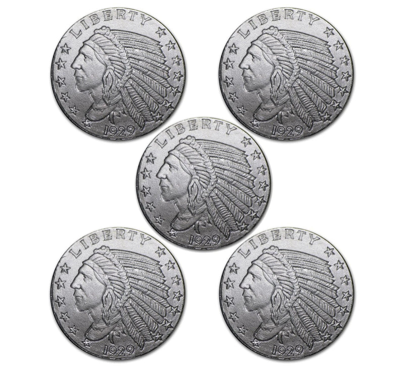 Lote de 5 (5) monedas redondas indias incrustadas de plata de 1929 de 0,10 (1/10) onzas troy .999-1