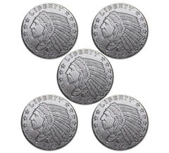 Lote de 5 (5) monedas redondas indias incrustadas de plata de 1929 de 0,10 (1/10) onzas troy .999-1