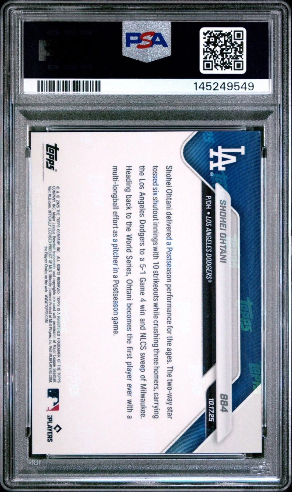 2025 Topps Now #884 Shohei Ohtani 10Ks and 3 HR PSA 10 GEM MINT