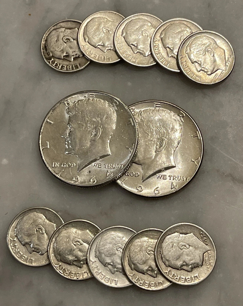 $2 Face 90% Silver 2 1964 Kennedy Half Dollar 10 Roosevelt Dime Choose # of Lots