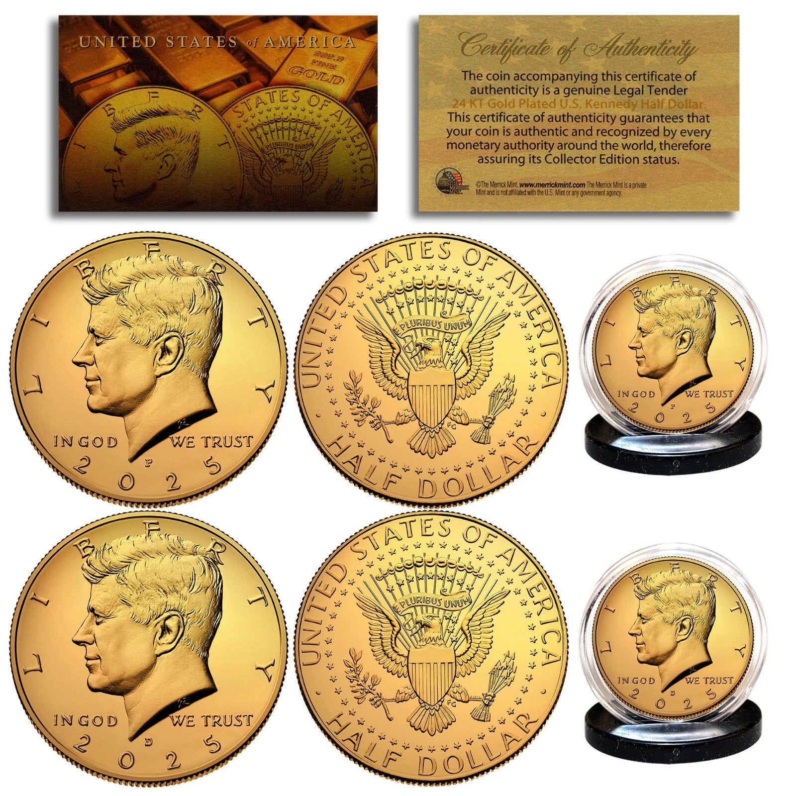 24K GOLD PLATED 2025 JFK Kennedy Half Dollar 2-Coin Set BOTH P&D MINT w/Capsules-1