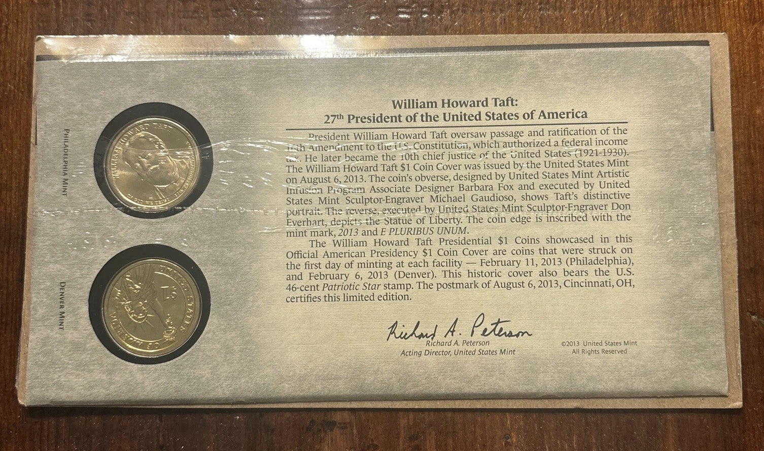 2013 William Howard Taft P&D Presidential Dollars - Sealed First Day Cover