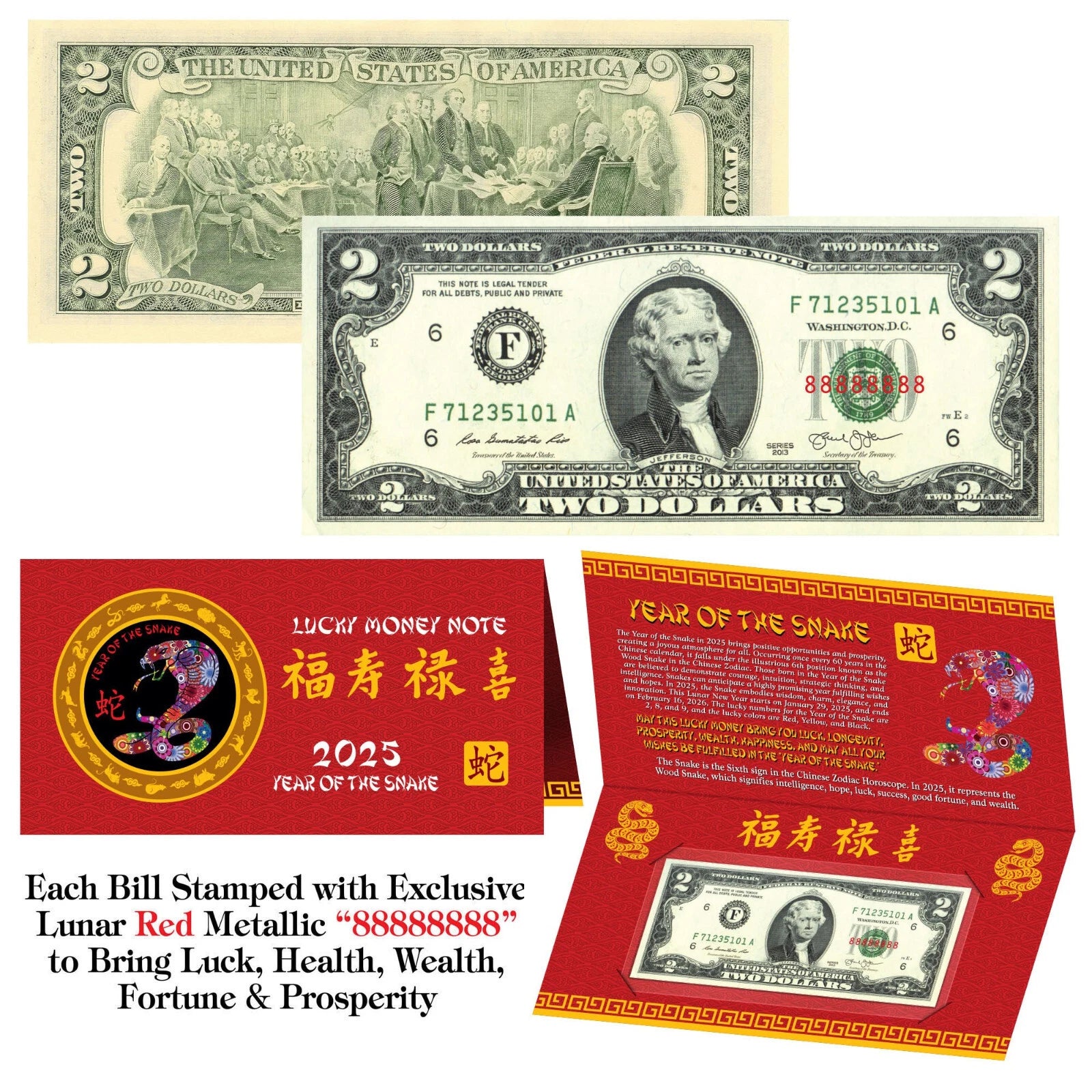 2025 Chinese YEAR of the SNAKE Red Lunar Metallic Lucky 8 US $2 Bill w/ Folder-1