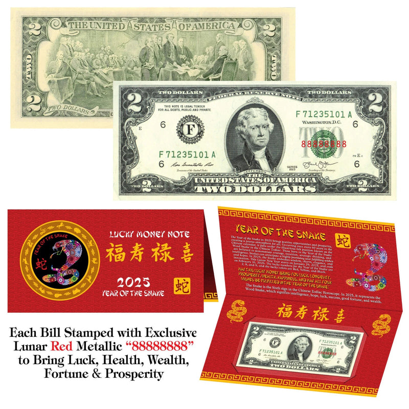 2025 Chinese YEAR of the SNAKE Red Lunar Metallic Lucky 8 US $2 Bill w/ Folder-1