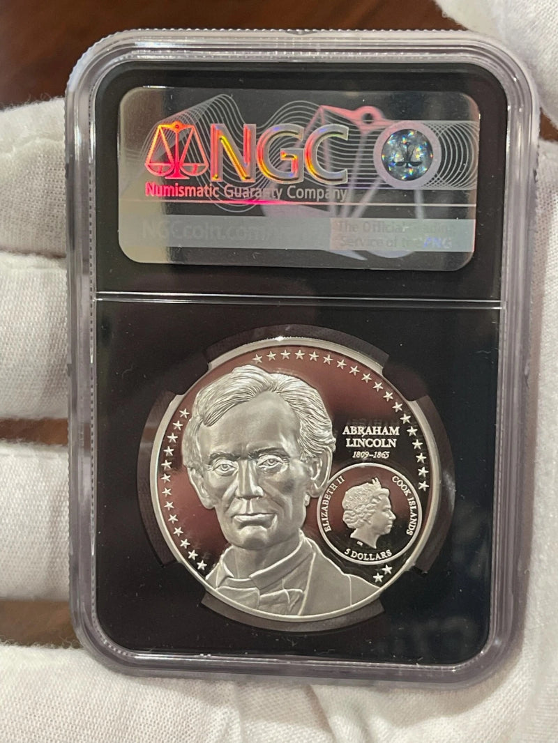 ABRAHAM LINCOLN PF70 By Miles Standish 1oz Silver Coin 5$ Cook Islands 2022 LOC7-1
