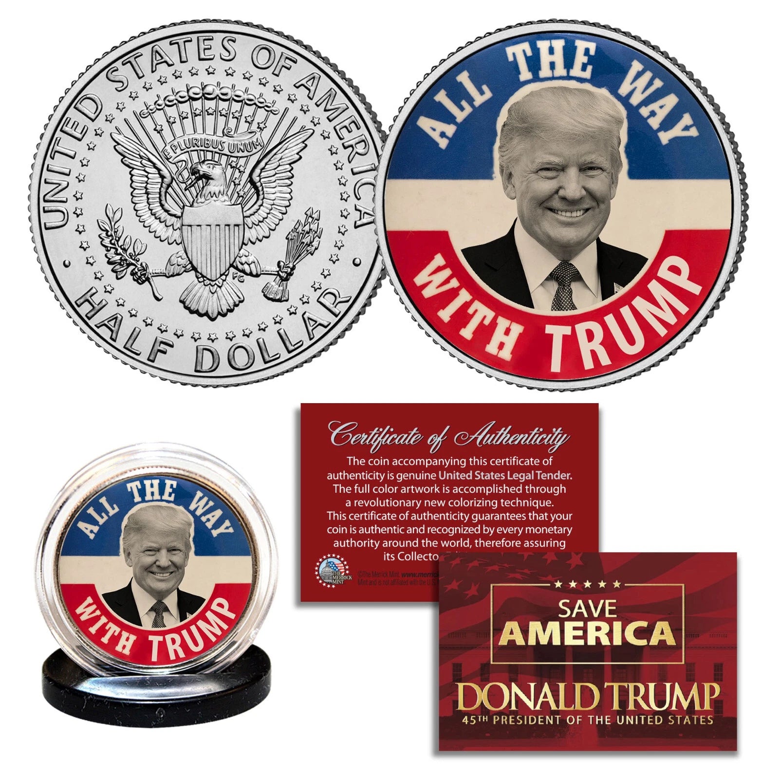 DONALD TRUMP * ALL THE WAY WITH TRUMP * Vintage Pin Style JFK Half Dollar Coin