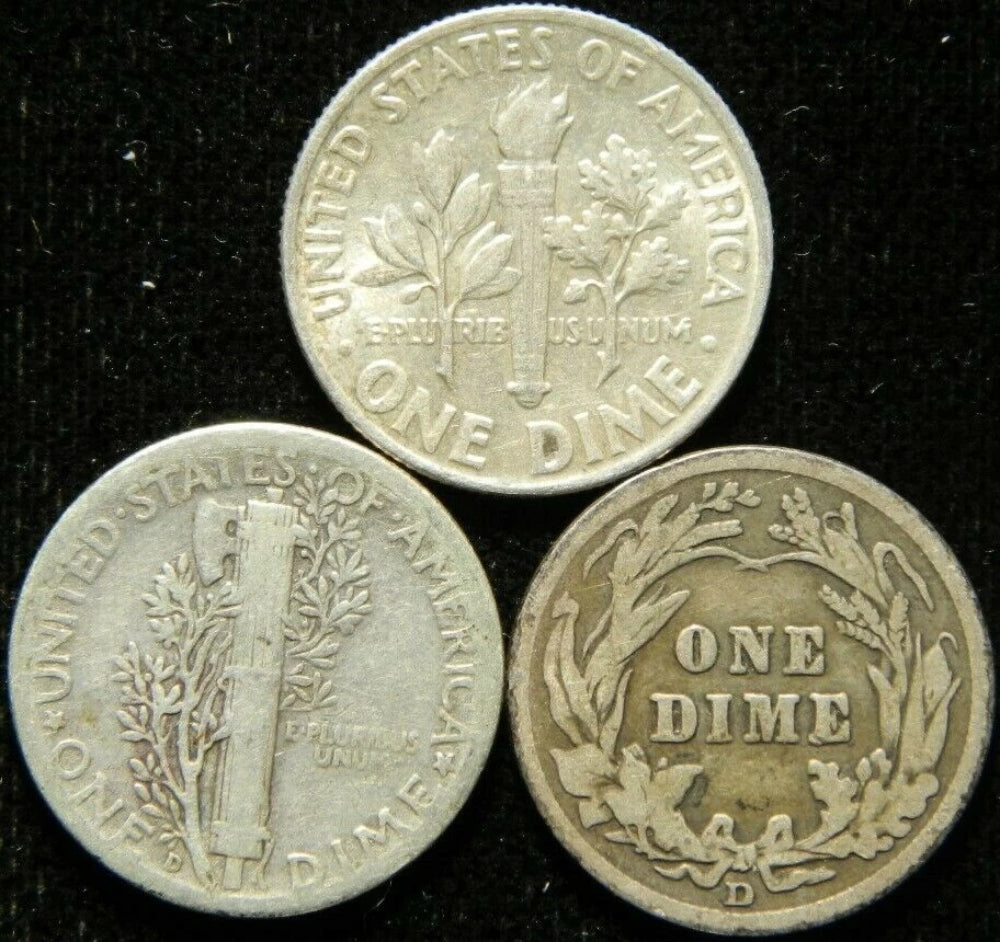 Lote de 3 monedas de diez centavos, Mercury Roosevelt Barber, lingote de plata al 90 % con certificado de plata-2