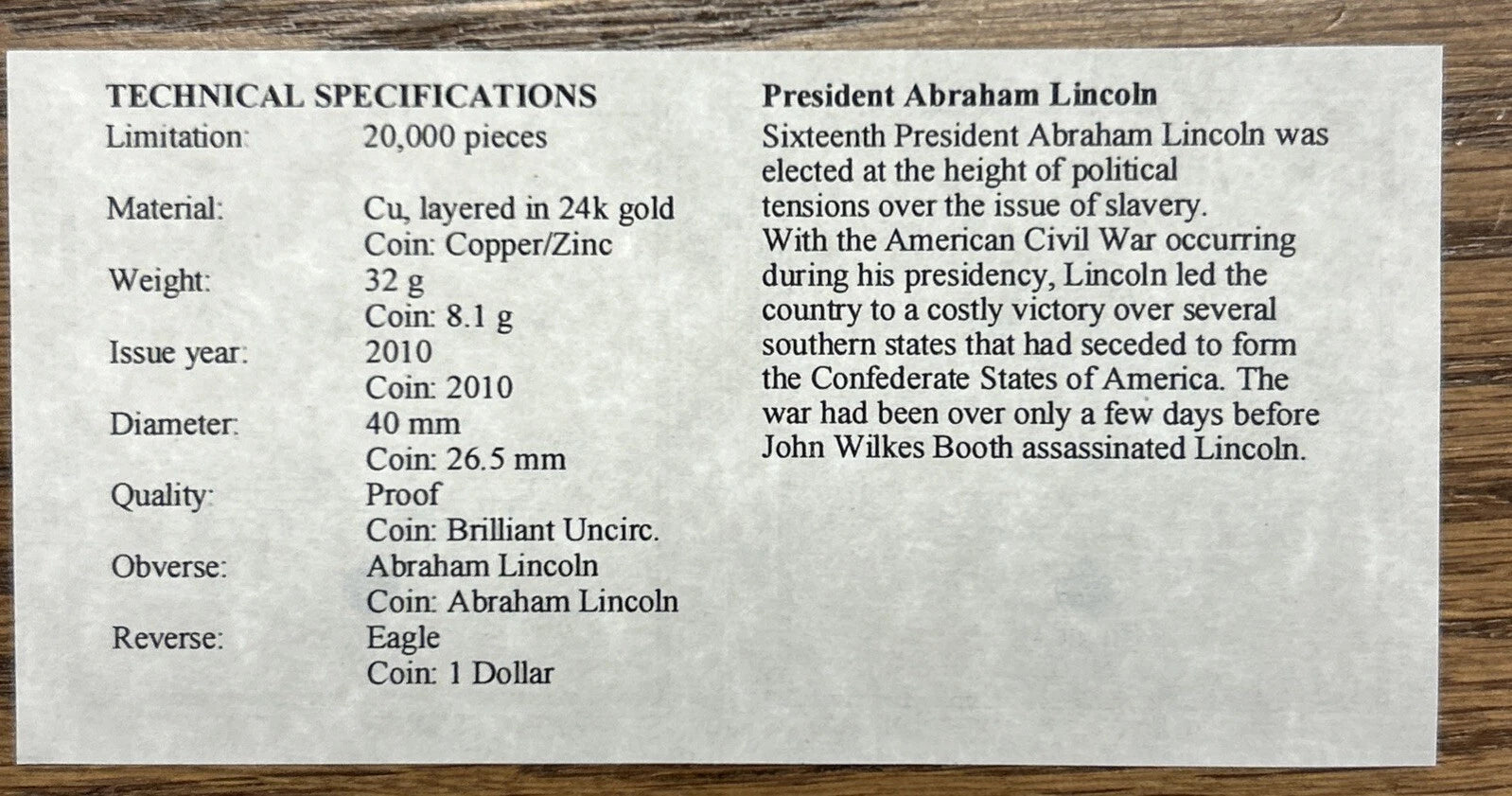 President Proof Set Abraham Lincoln $1 Coin +24k Gold Plated Medal American Mint
