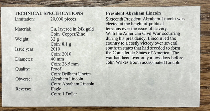 President Proof Set Abraham Lincoln $1 Coin +24k Gold Plated Medal American Mint-1