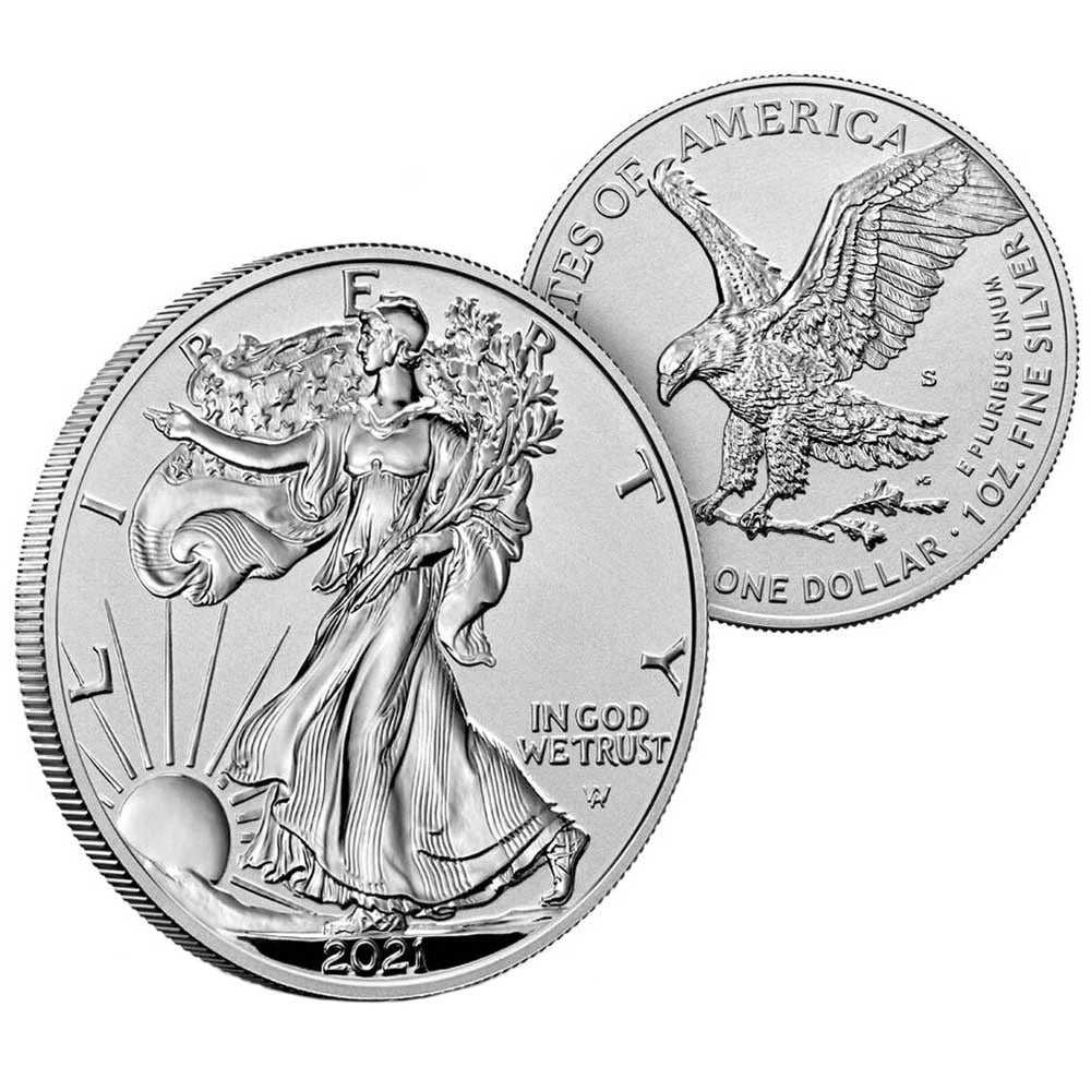 Juego de 2 piezas - Edición de diseñador American Silver Eagle de 1 oz de $1 de 2021 con prueba inversa