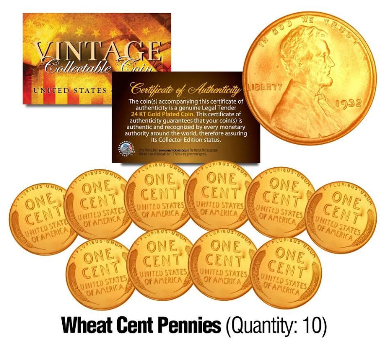 Lincoln Head 1930's WHEAT Cent Penny U.S. Coins 24K GOLD PLATED (Lot of 10)