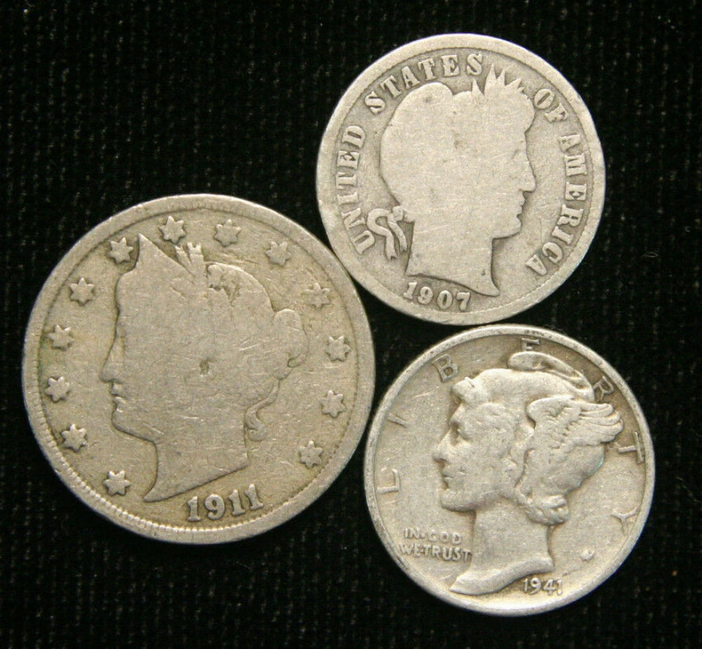 Old US Coin Estate Lot Barber Dime Liberty Nickel Mercury Dime 3 Coin Set-1