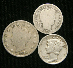Old US Coin Estate Lot Barber Dime Liberty Nickel Mercury Dime 3 Coin Set-1