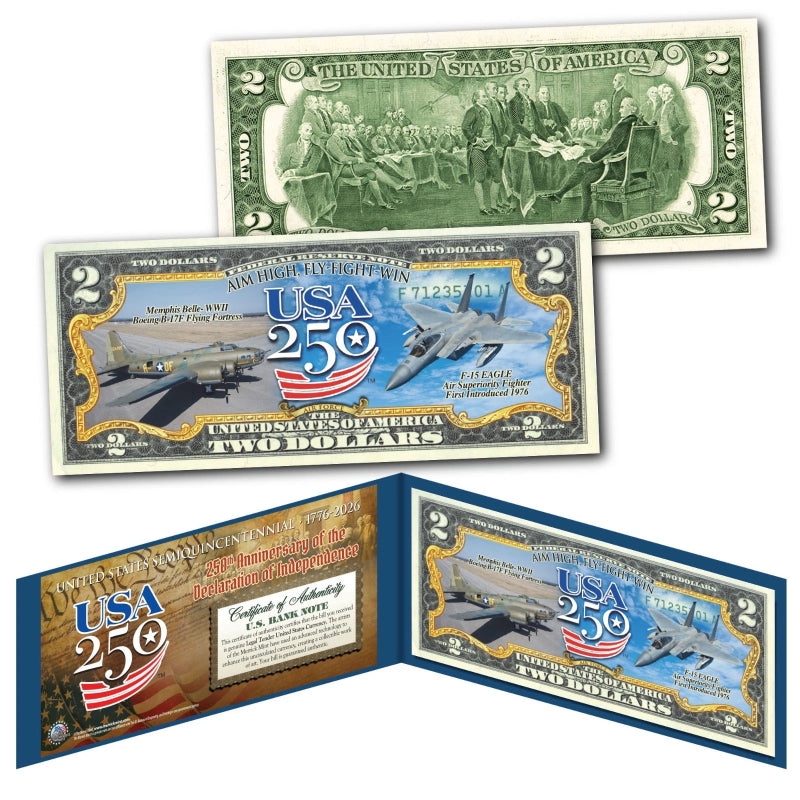 AIR FORCE - USA America 250 Anniversary WWII Memphis Belle F15 Fighter $2 Bill-1