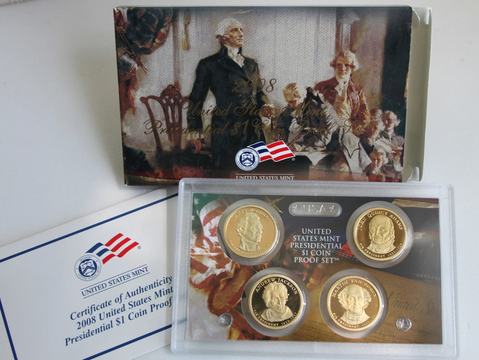 2008 S Presidential $1 Coin Proof Set 4 Dollars Box and COA as Issued by US Mint-1