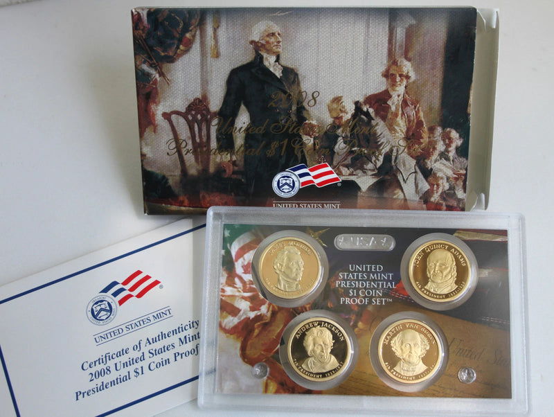 2008 S Presidential $1 Coin Proof Set 4 Dollars Box and COA as Issued by US Mint-1