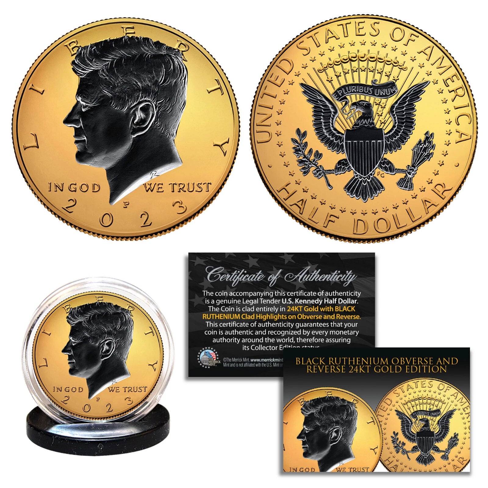24K GOLD 2-Sided 2023 JFK Kennedy Half Dollar Coin with BLACK RUTHENIUM - P MINT-1