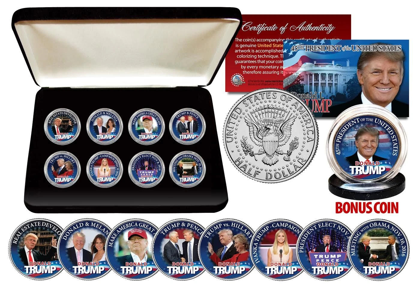 DONALD TRUMP President JFK Half Dollars ULTIMATE 8-COIN SET w/ BOX & Bonus Coin-1