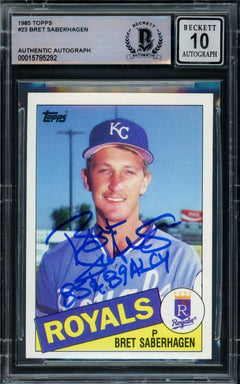 Bret Saberhagen Auto 1985 Topps RC 23 Royals Auto GM 10 "85 y 89 AL CY" Beckett -1