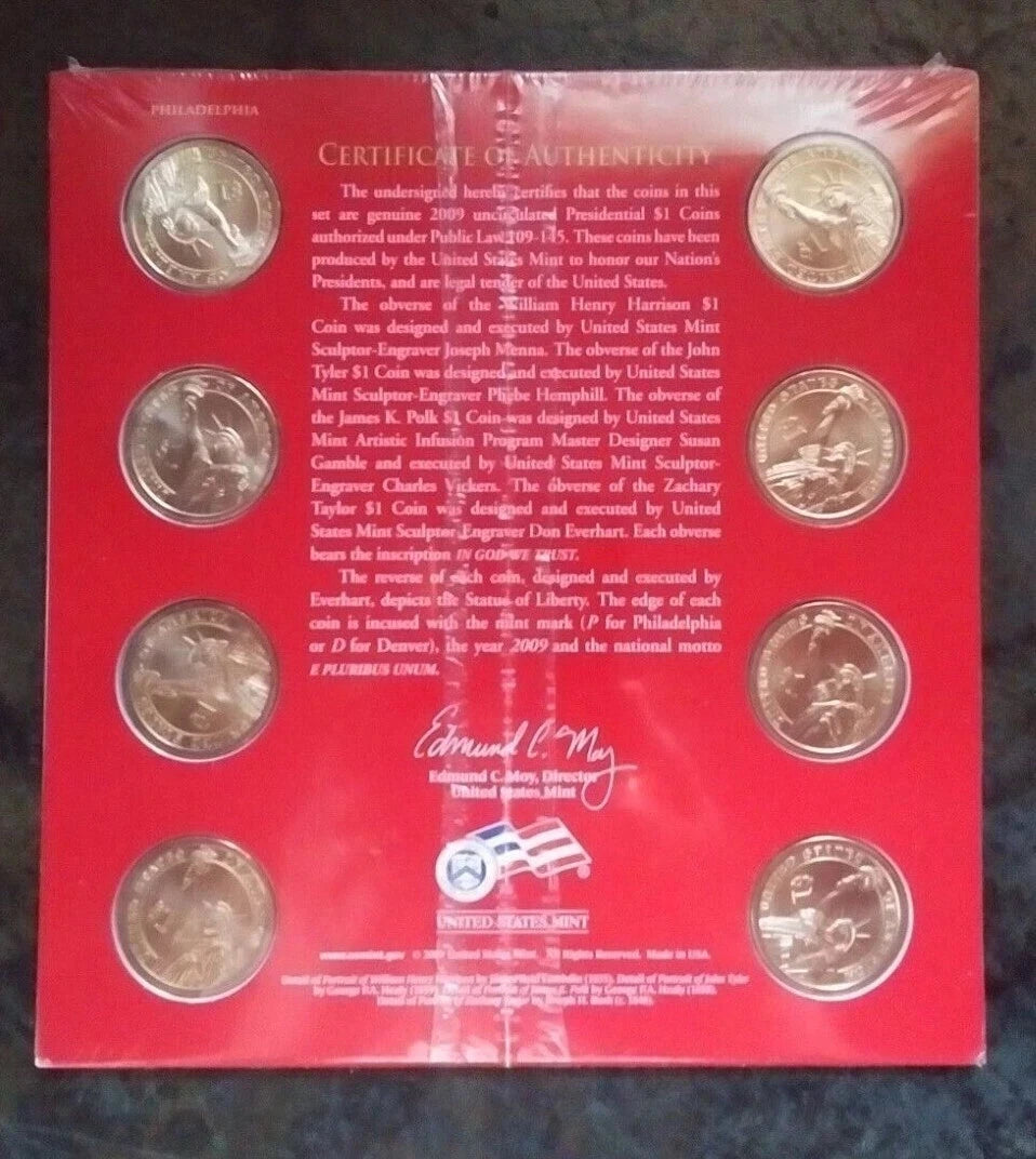 2009 US Presidential Dollar P & D Uncirculated Set 8 Coins US Mint COA ~ Sealed