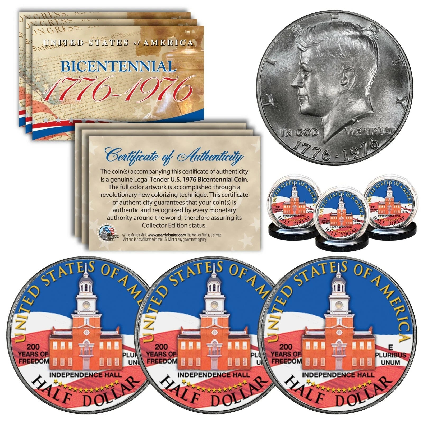1976 Bicentennial Kennedy JFK Half Dollar Colorized Independence Hall Coin QTY 3