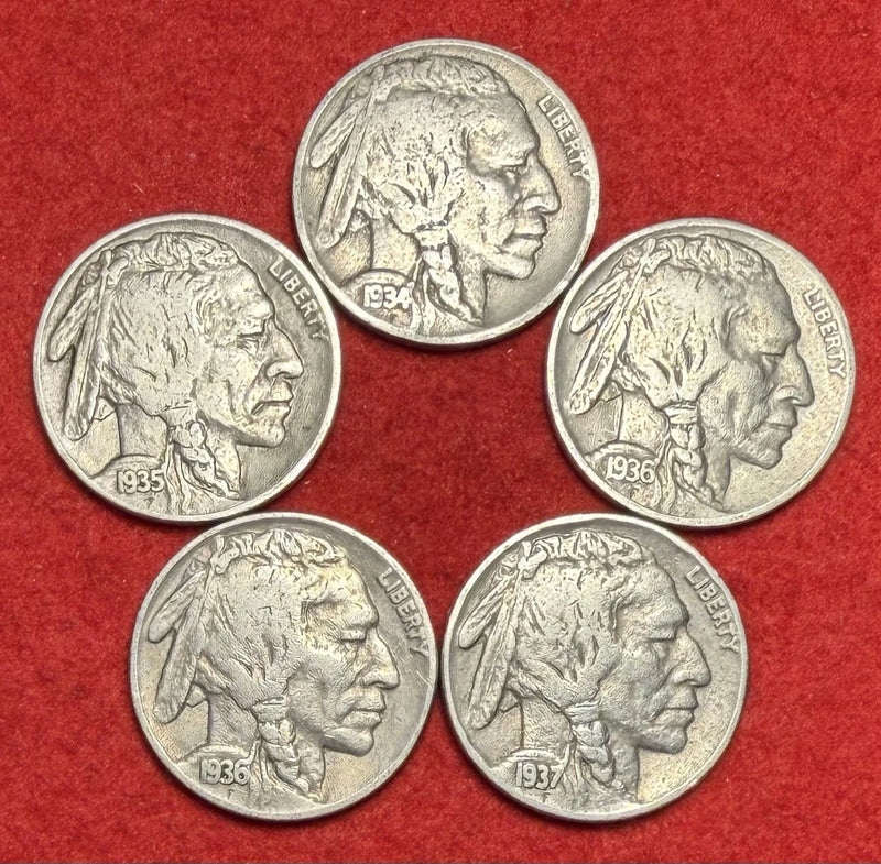 Lot of (5) BUFFALO Indian Head Nickel Coins FULL Dates All Different Years Or MM-1
