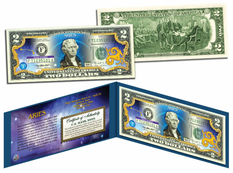 ARIES - Astrological Sign Zodiac Genuine Legal Tender U.S. $2 Bill